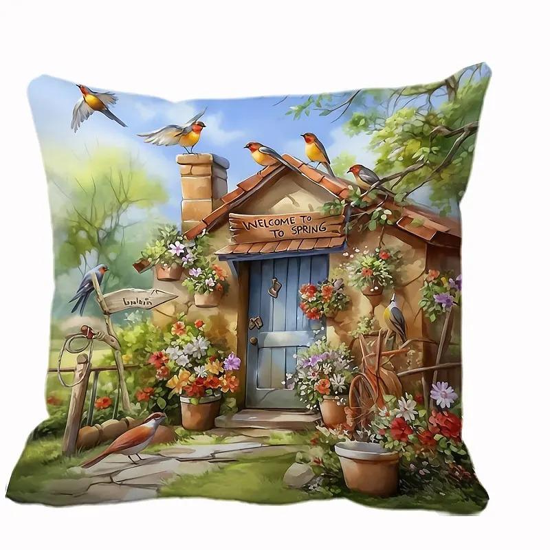 

Декор для дома Наволочки с рисунком весенней садовой сцены Чехол для подушки Подходит для дивана Спальни Автомобиля Наволочка 24x24Inch