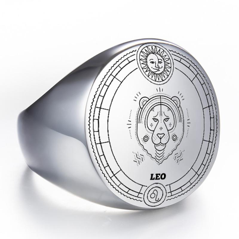 22mm Round Stainless Steel Zodiac Sign Men Ring Retro Fashion Index Finger Ring for Men