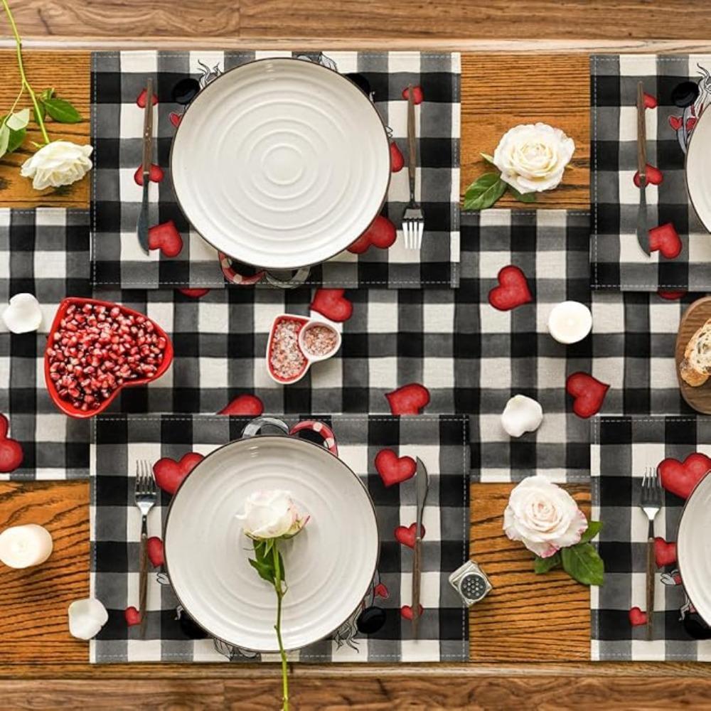 Hearts Gnomes Love Buffalo Plaid Valentine's Day Placemats Anniversary Wedding Holiday Table Mats for Party Kitchen Dining Decoration