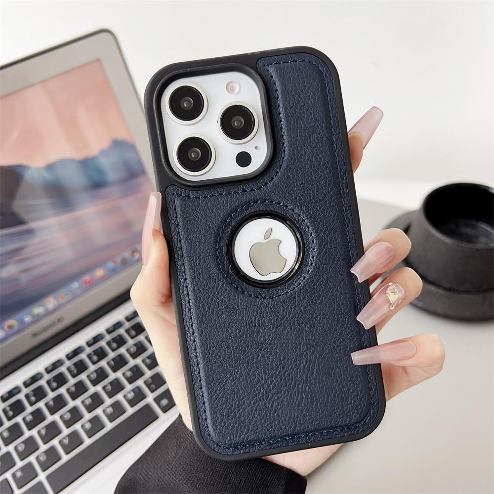 For iPhone 17 Air 11 12 13 14 15 Plus 16 Pro Max Business PU Leather Case Cowhide Logo Hole Shockproof Luxury Protective Cover