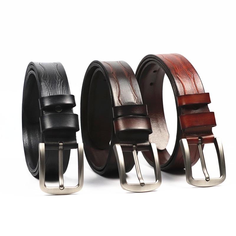 Men's Retro Business Belt - Genuine Cowhide Leather with Alloy Pin Buckle and Embossed Design