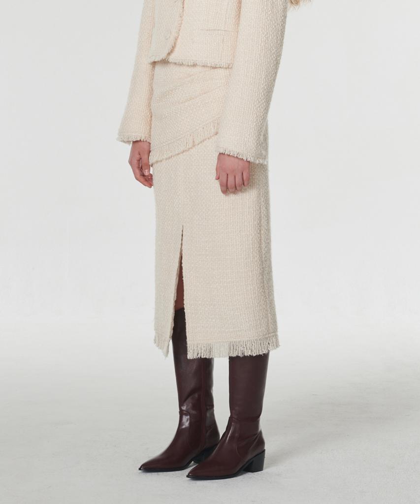 Aussel Fringed Wool Tweed Skirt Cream