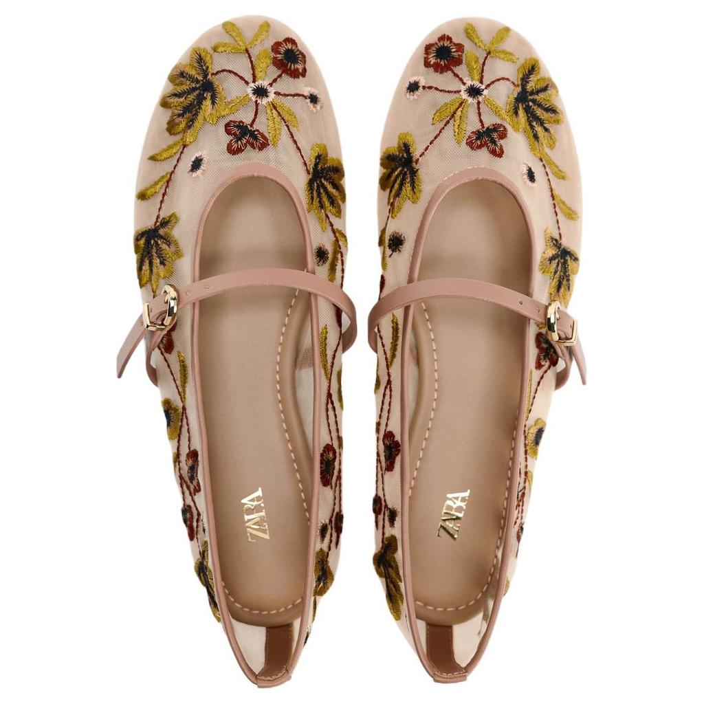 Zara Floral Embroidery Flat Mary Jane Shoes Women Shoes Rose-Red 12509410