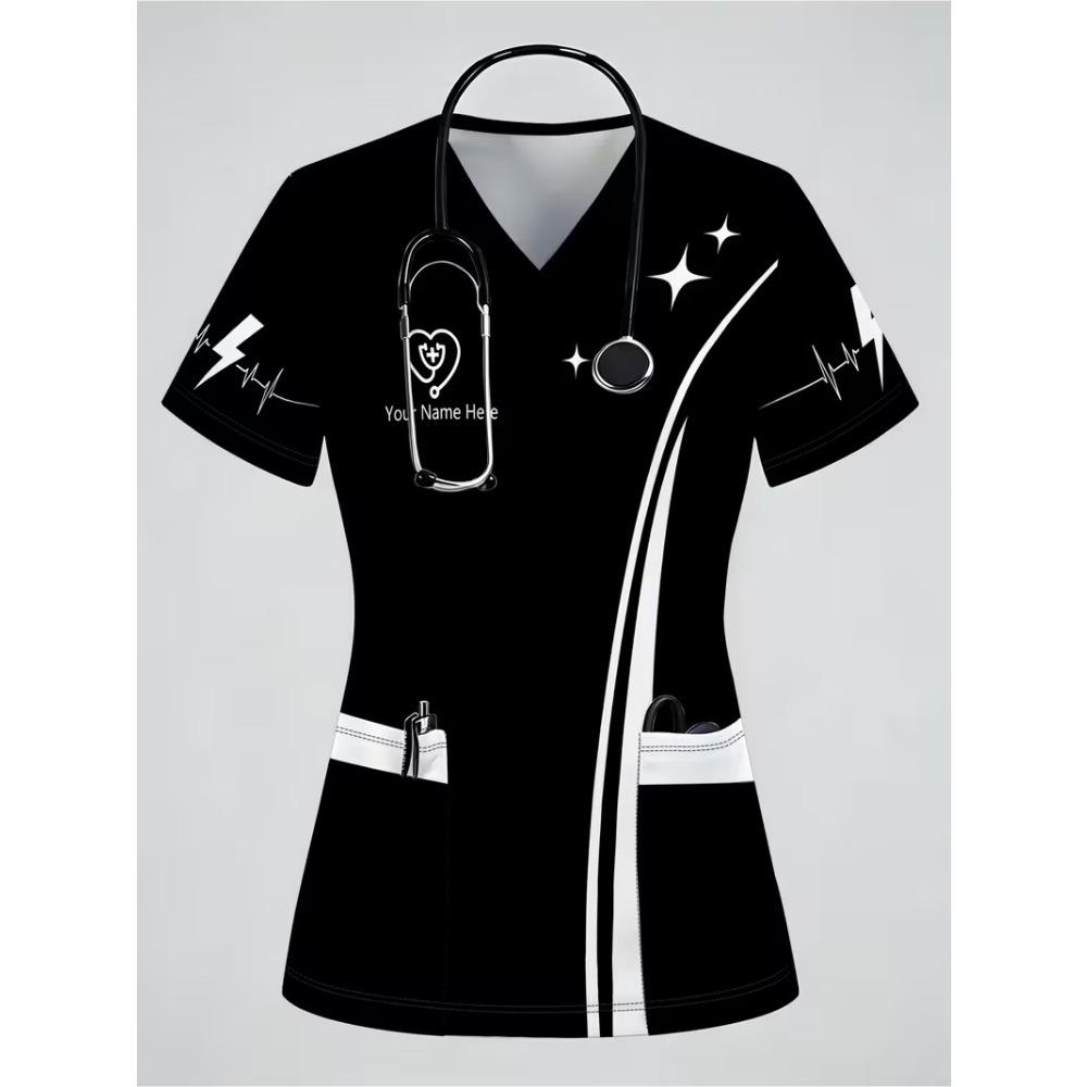 Surgical Gown Women's 3D Printed Nurse Top Summer Fashion V-tie Pocket Short Sleeved Women's Medical Gown