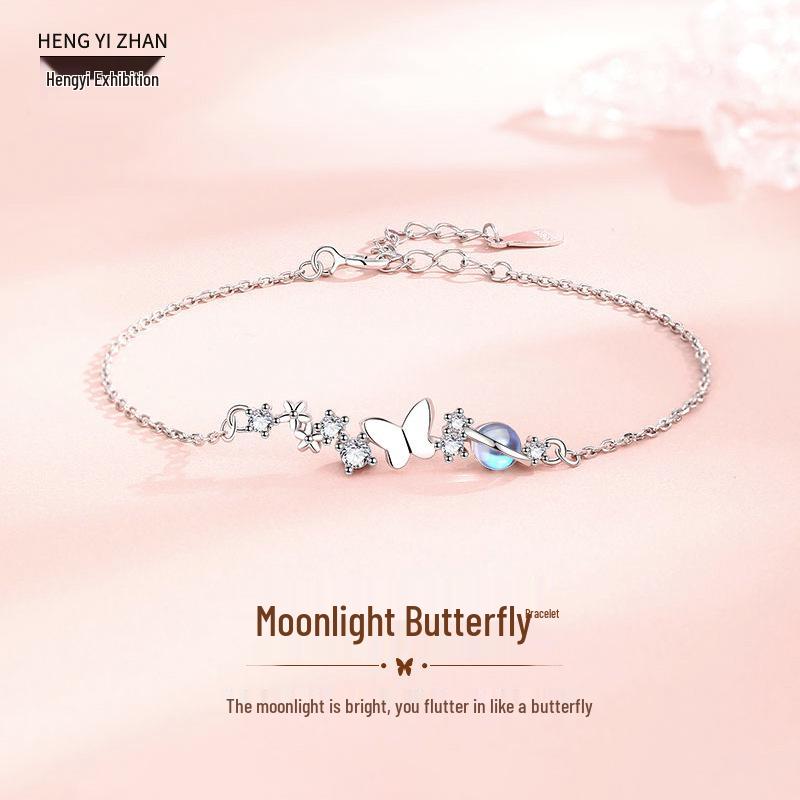 Hengyi Zhan Summer Moonstone Butterfly Sterling Silver 925 Bracelet - Elegant Ins Style for Students & Best Friends 925 Silver