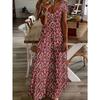 Women's Vintage Style Red Floral Print V-Neck Short Sleeve A-Line Long Dress