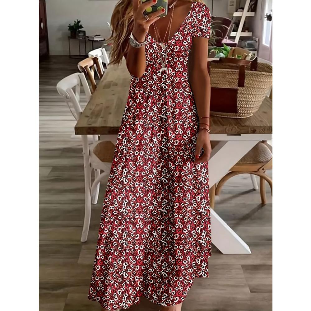 Women's Vintage Style Red Floral Print V-Neck Short Sleeve A-Line Long Dress