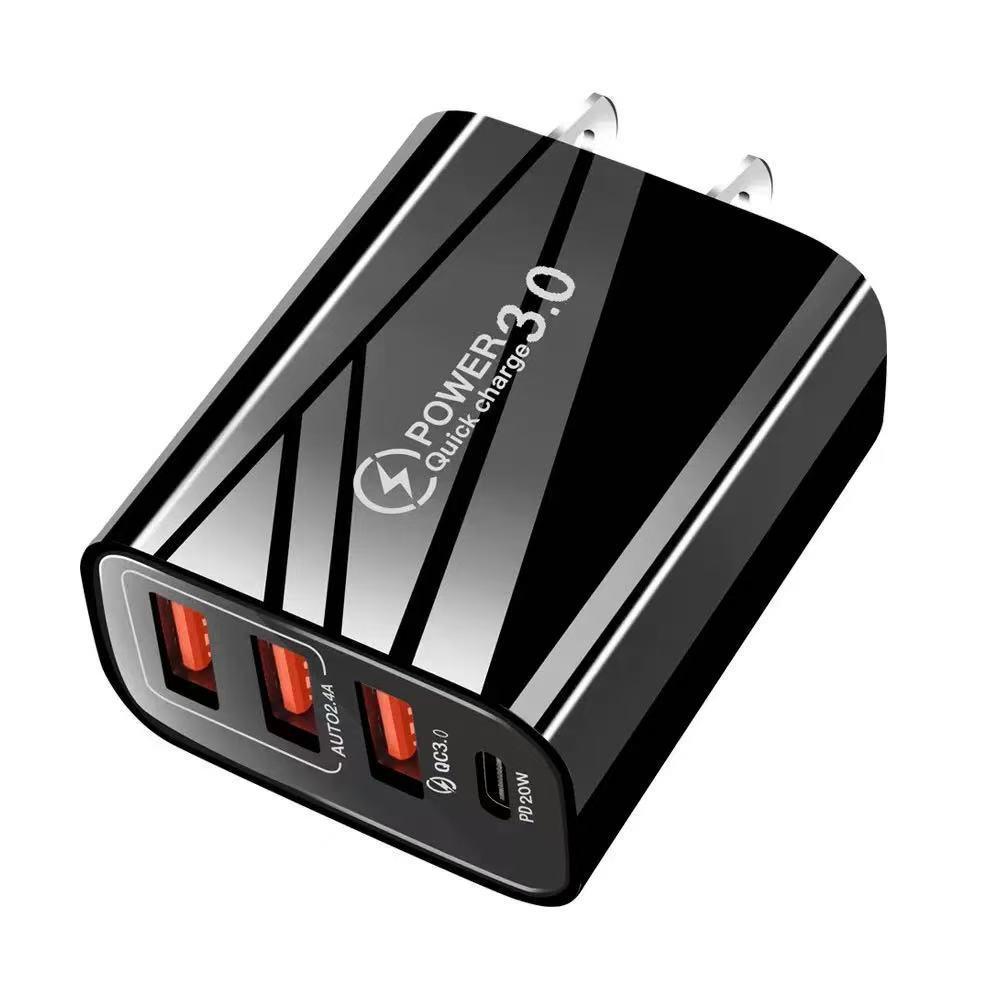 Multi-Standard Travel Charger: US, EU, UK Plugs with 3 USB + Type-C Ports, Smart Power Adapter