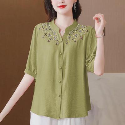 Summer Fashion: Plus Size Women's 5-Point Sleeve Loose Slim Shirt for Middle-Aged Moms