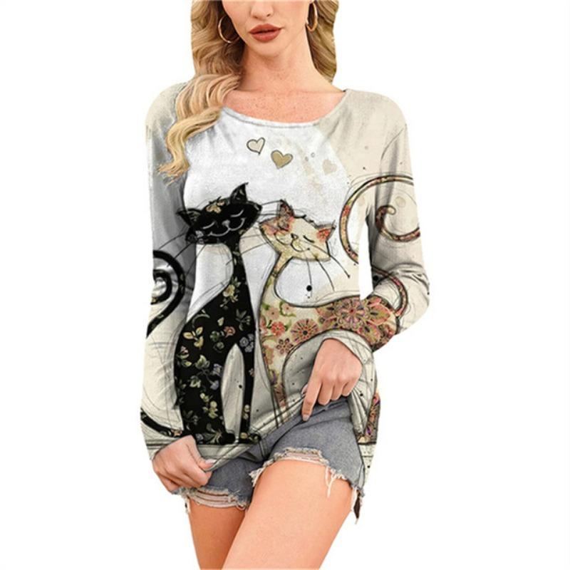 Модная удобная универсальная женская футболка с принтом мультяшного кота с круглым вырезом — фото 8