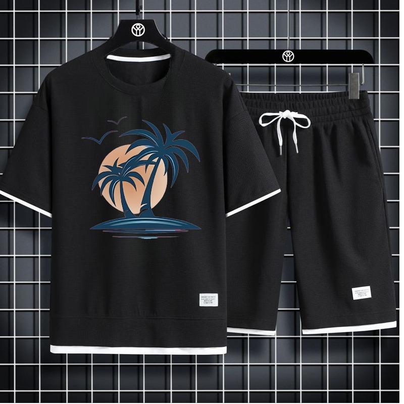 Men's Sets Waffle Summer Casual T Shirt + Shorts Suit Basketball Tracksuit Letter Print Solid Color Tracksuit Loose Suit
