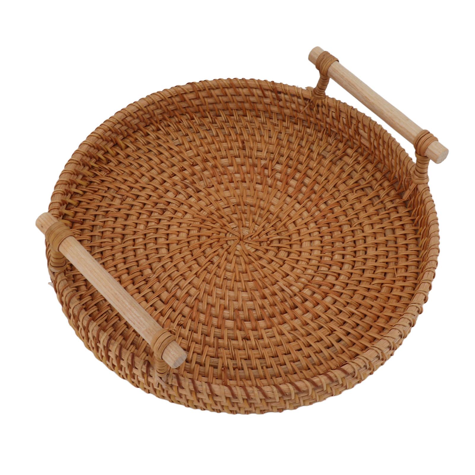 

Rattan Fruit Tray with Solid Wood Handles Exquisite Hand Woven Round Serving Tray for Storage Display Bread Fruit M L