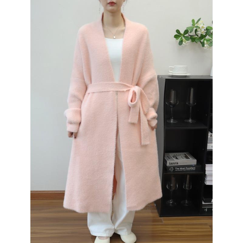 Imitation mink velvet lazy wind sweater jacket women's long autumn and winter new belt temperament knitted cardigan