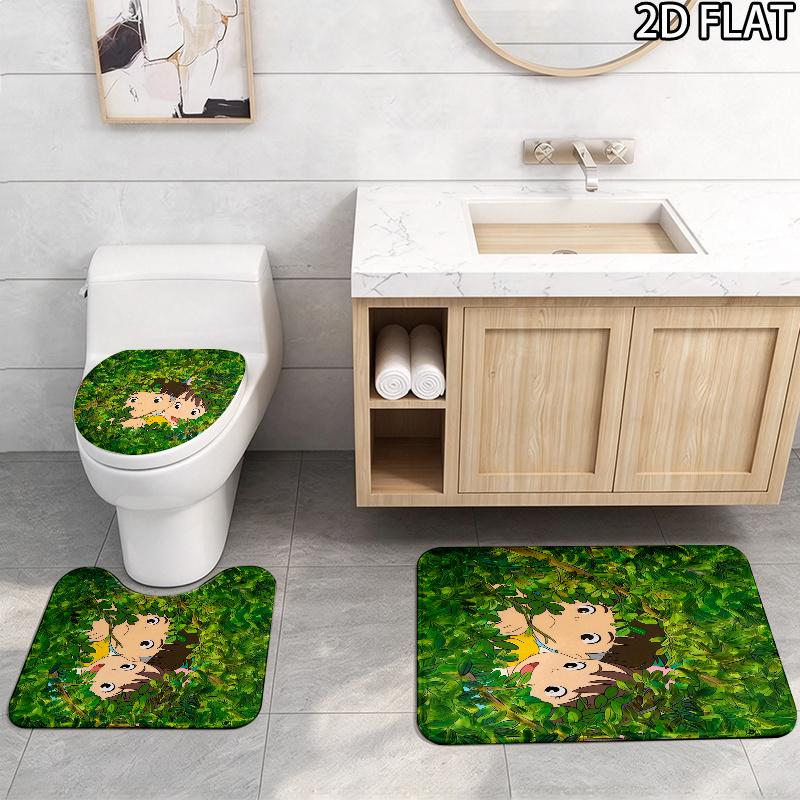 3pcs Ponyo2 Pattern Flannel Nonslip Absorbent Washable Decorative Bathroom Home Toilet Seat Cover Mat