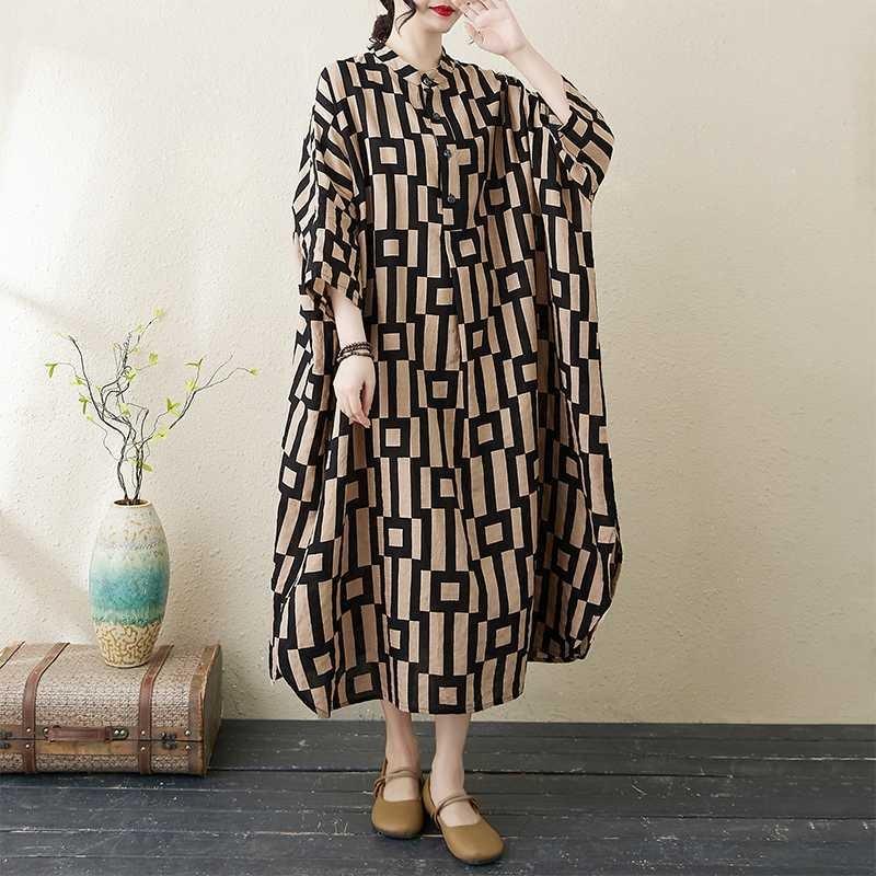 2025 Printed Stand Neck Loose Extra-Large Size Vacation Dress