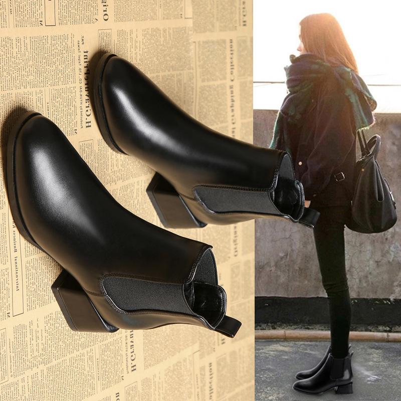 Autumn and Winter New Chelsea Women's Boots Thick-soled British Martin Boots Elastic Thick-heeled Short Boots Black Short Boots