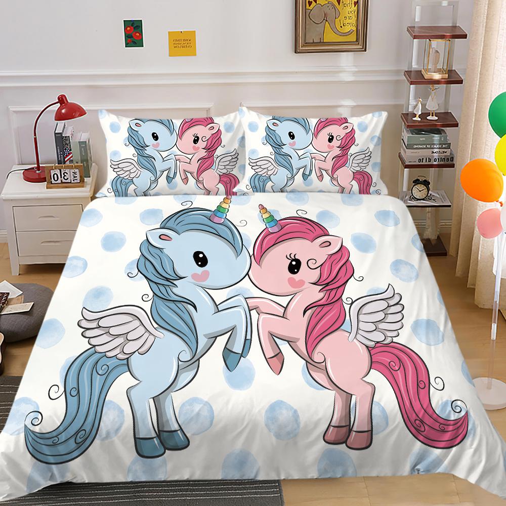 2023 Neuer Stil Bettwäsche-Set 3D Einhorn-Druck Bettdecke Bettzeug Zuhause Dreiteilig Warm Polyester Kissenbezug Bettbezug