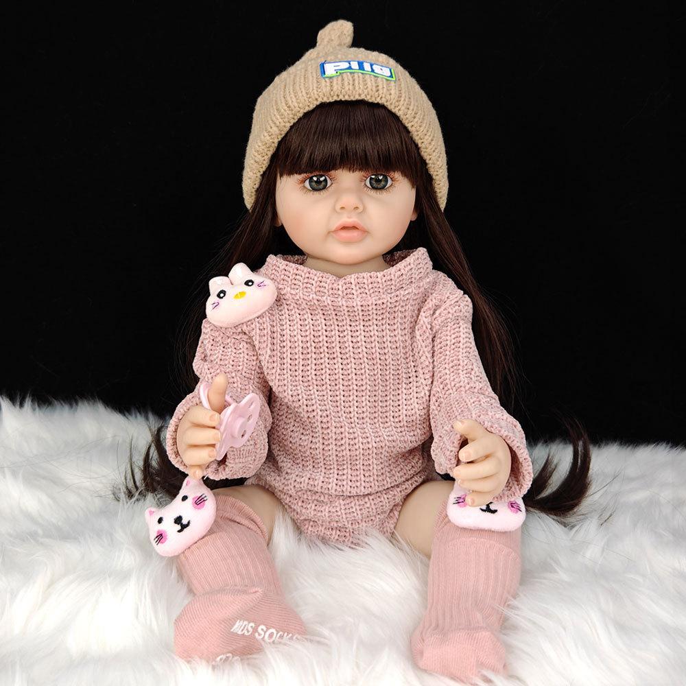 55 cm 22 zoll Lebensechte Reborn Baby Mädchen Puppe Weiche Silikon Lange Braune Haare Realistische Prinzessin Kleinkind Bebe Geburtstag Geschenk