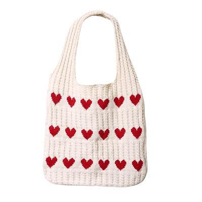 PETITCHOU Knit Bag with Heart Design, Large Capacity Shoulder Bag, Crocheted Tote Bag, Lightweight, Perfect for Spring, Summer, Fall, and Winter,