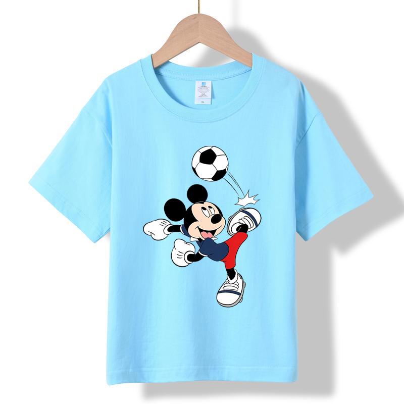 MC-97 MINISO 2026 Summer Mickey Mouse Soccer Kids 100% Cotton T-Shirt Boys Sports Cartoon Print Short Sleeve Top