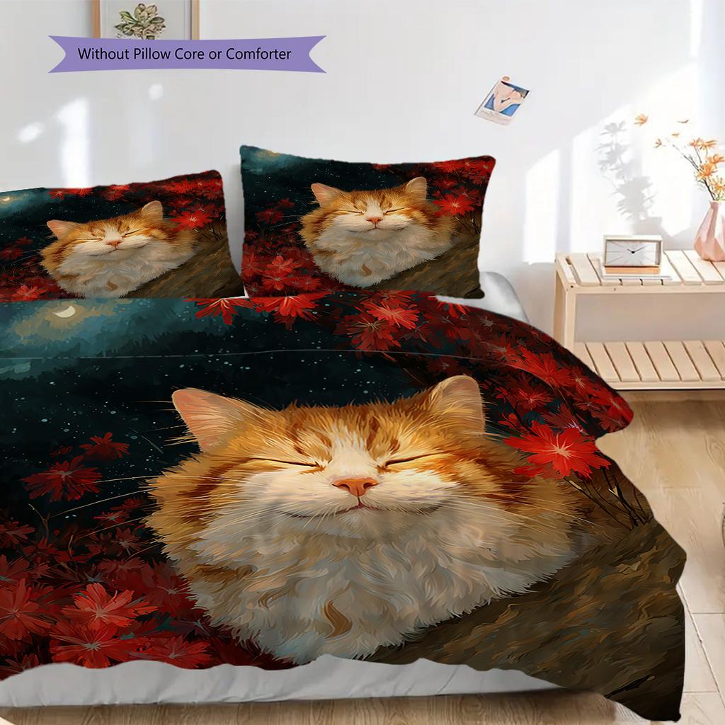 Ginger Cat Pattern Bedding Quilt Set Quilt Cover Pillowcase Home Decoration Birthday Gift (1 * duvet cover + 2 * pillowcase, without core)