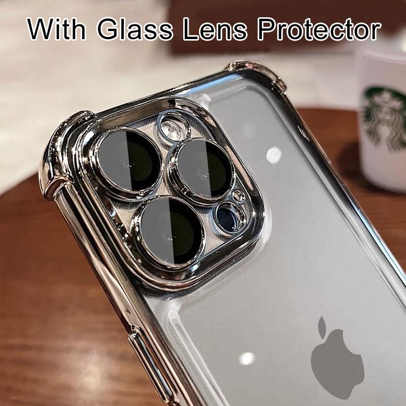Luxury Electroplate Shockproof Phone Case For iPhone 15 14 13 12 11 Pro Max Plus Lens Protection Bumper Transparent Back Cover