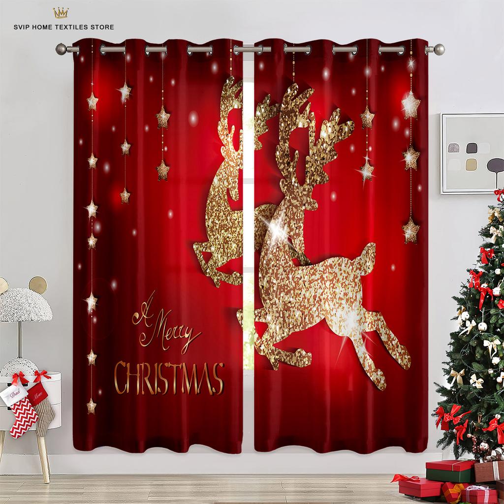 3D Cartoon Christmas Elk Christmas Tree Curtains 2 Panels Deluxe Living Room Bedroom Balcony Kitchen Kids Room Decor Curtains