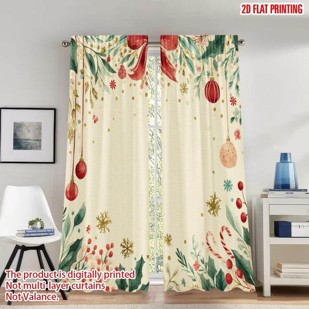 

Set Of 2 Flat Printing Christmas Curtains Red Baubles Snowflakes Garland Digital Printed Polyester Drapes Holiday Curtain W100*H70(CM)-Grommet top&1PCS