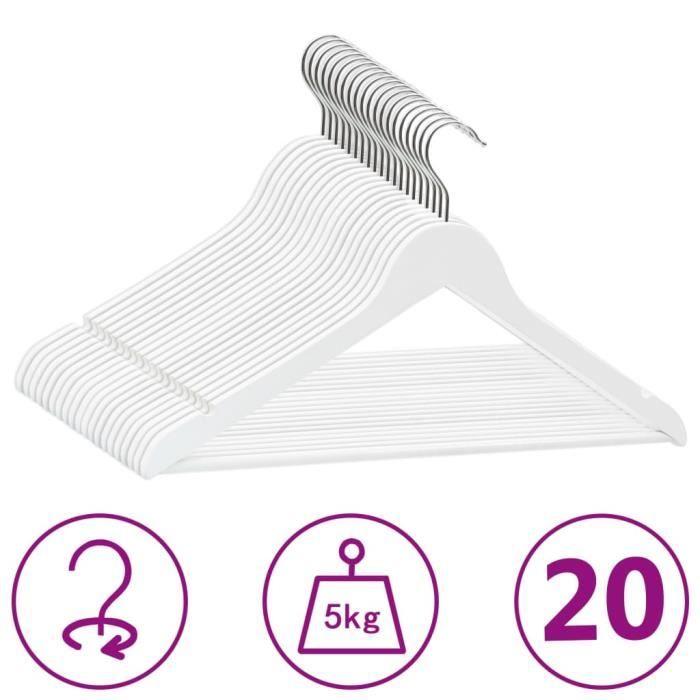Cintres antidérapants - vidaXL - 20 pcs - Bois dur - Blanc - Crochet rotatif 360°