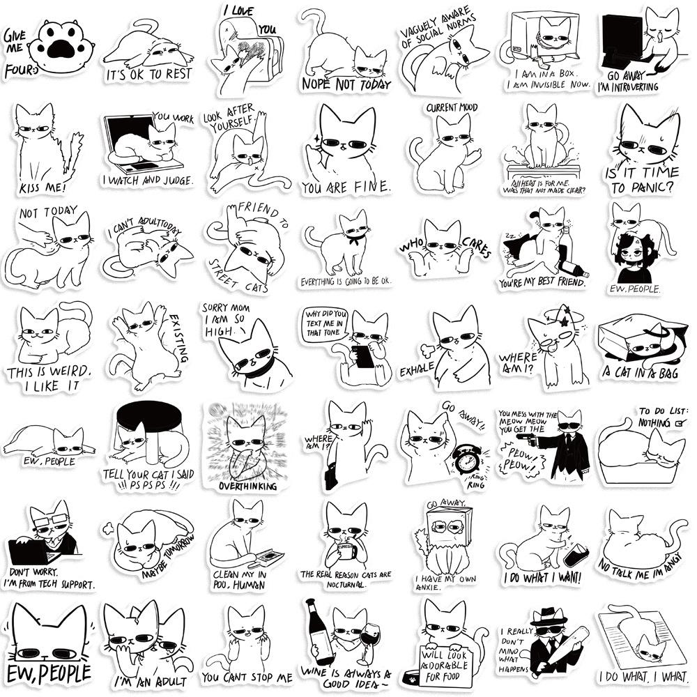 50 Stück Schwarz-Weiß Katze MEME Cartoon Graffiti Aufkleber DIY Handy Laptop Notizbuch Koffer Wasserdichter Aufkleber Kinderspielzeug Geschenke