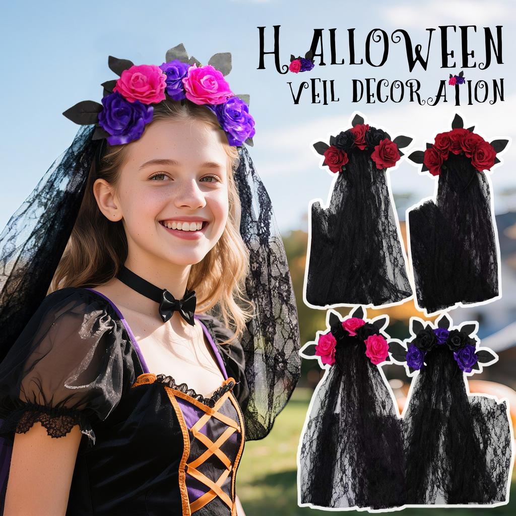 Halloween Gothic Flower Garland With Black Veils Hairband Cosplay Wedding Headpiece Costume Headwear Accessory