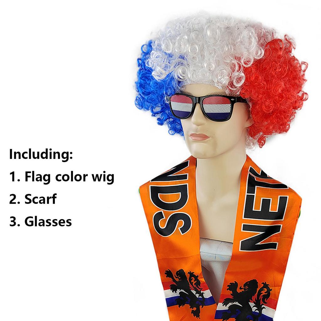Hot National Team Football Match Wig Flag Glasses 3pcs  Football Fan Cheering Costume Sports Event Party Supplies