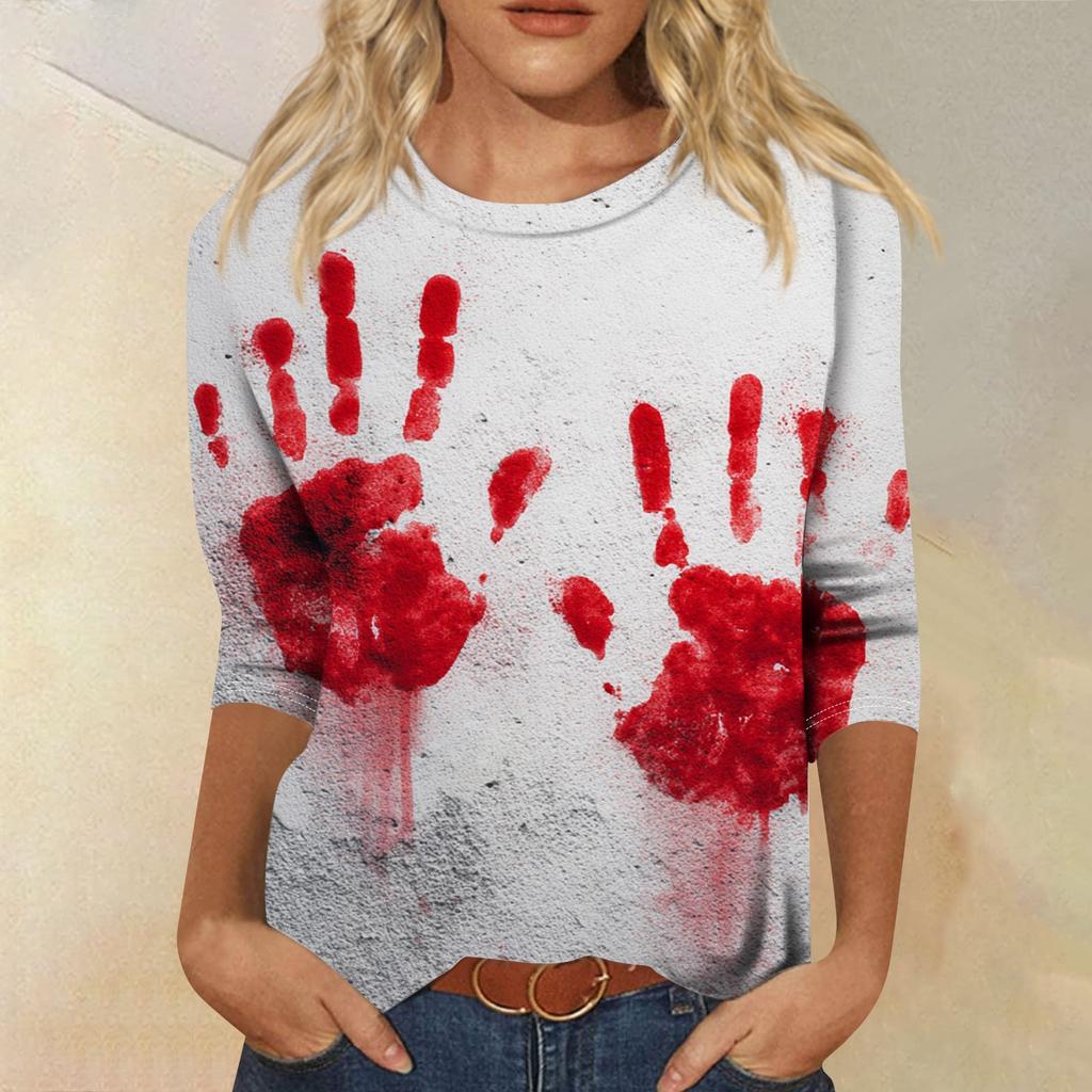 Damenmode Lässig Rundhals Dreiviertelarm Halloween Bedrucktes T-Shirt Top