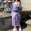 Women Sling Dress V-Neck Sleeveless Multi Layer Lace Splicing Design Maxi Dress Solid Color