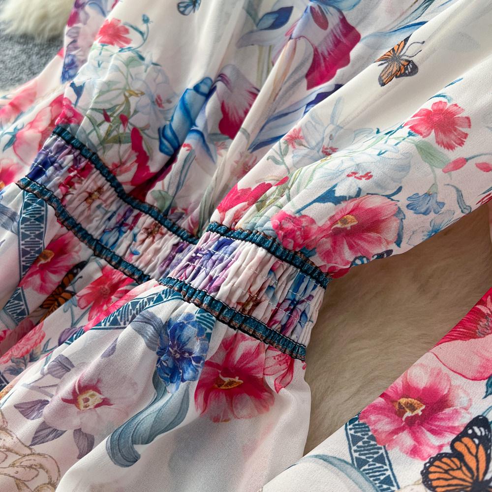 Palace Floral Maxi Dress Women Summer Holiday Chiffon Long Dresses Shirt 2026 Spring Long Sleeve Single Breasted Party Dress