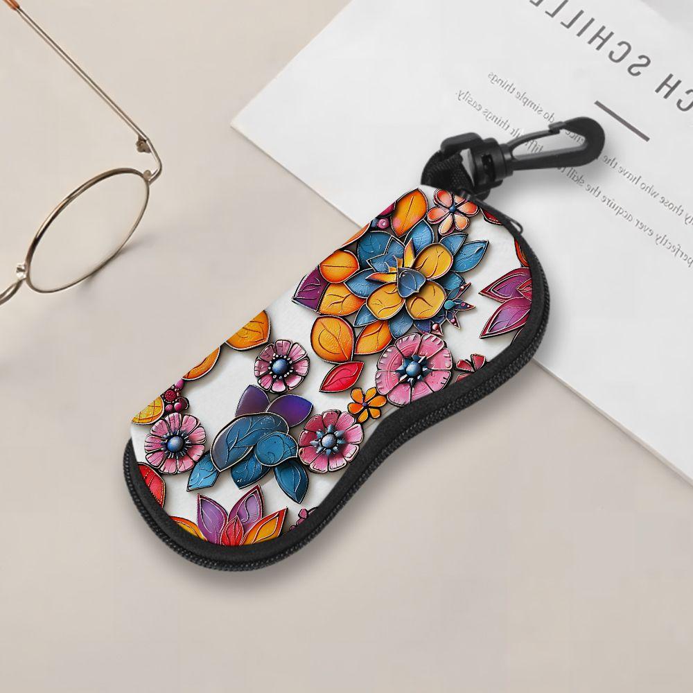 2D-Boho Floral Pattern Zipper Sunglasses Case, Vintage Flower Print Eyeglasses Storage Pouch, Protective Glasses Holder for Women Travel Accessories
