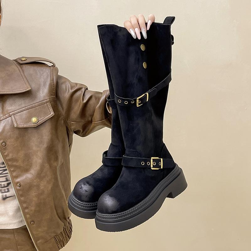 Piaohong versatile retro style thick-soled heightening medium boots for women's 2025 autumn and winter new buckle thick heel two-wear fashion boots