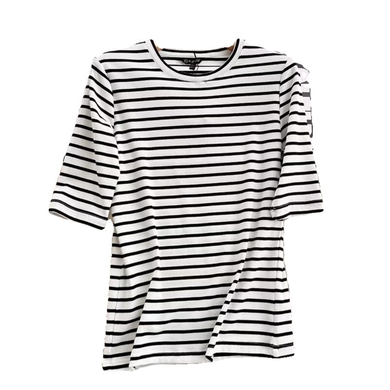 MD Women's Clothing 2024 Spring New Casual Version Half Length Short Sleeve Stripes Cotton T-shirt 06826560800