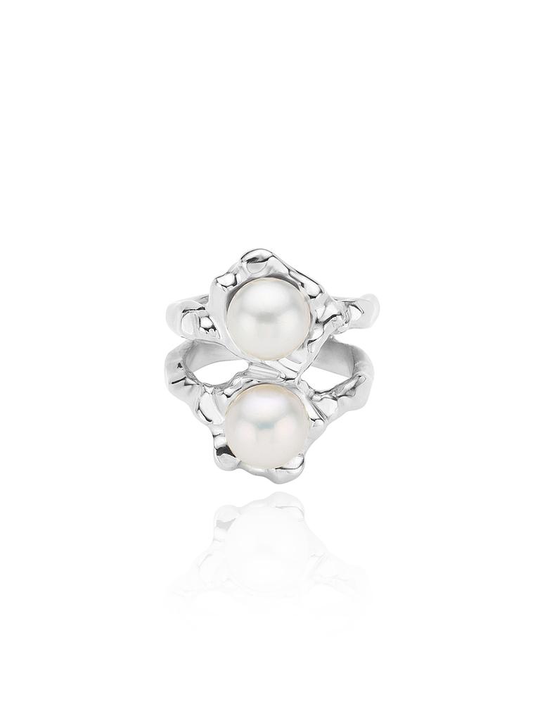 Poppi Silver Double Pearl Wave Ring (C Type)