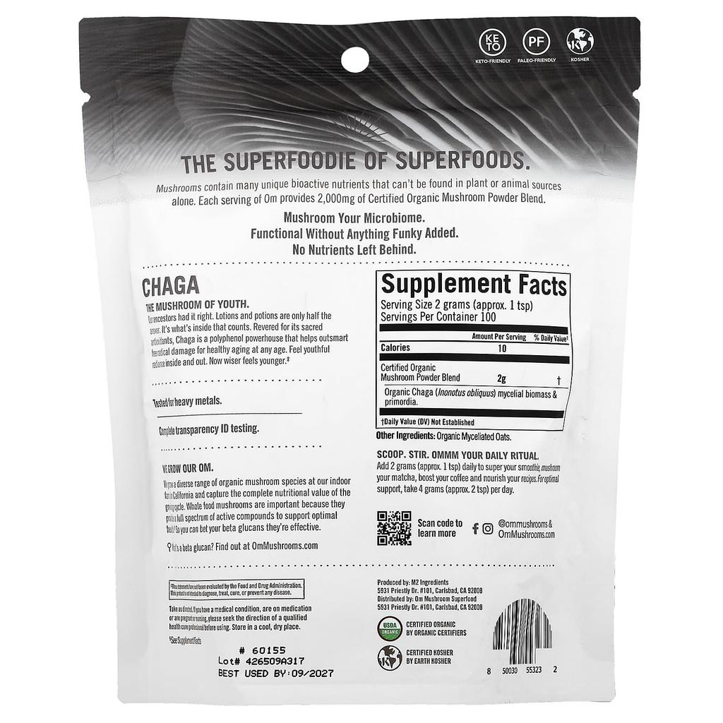 Chaga Mushroom, Certified Organic Mushroom Powder, 200G(7.05Oz)