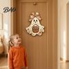 Indoor Wall Hanging Ornament Cute Bow Ghost Sign, Rustic Retro Floral Door Sign with Pumpkin Decoration Basket, Vintage Halloween Wooden Pendant