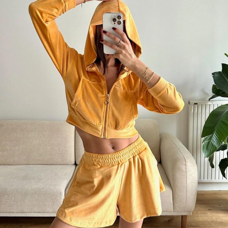 Womens Long Sleeve Zip-Up Hooded Lounge Set With Elastic Waist Shorts Comfortable Casual Two-Piece Outfit