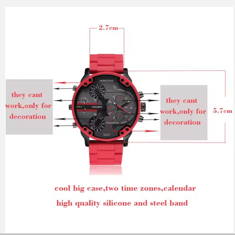 Cagarny Quartz Watch For Men Cool Big Case Red Silicone Steel Band Sports Wristwatch Man Military Relogio Masculino D7370