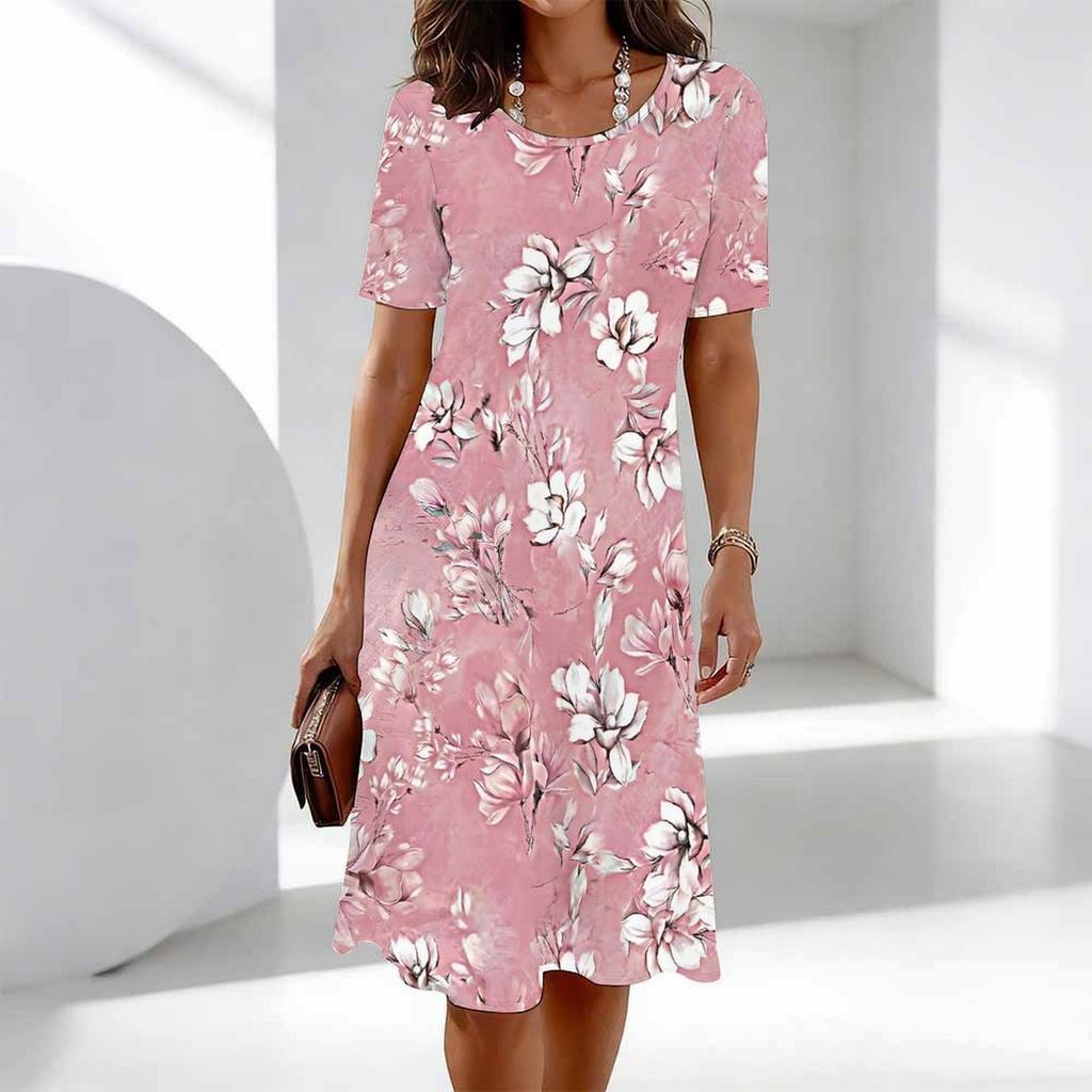 Moda Donna Graziosi Bellissimi Abiti Casual Estivi Primaverili a Manica Corta con Scollo a O e Stampa Floreale