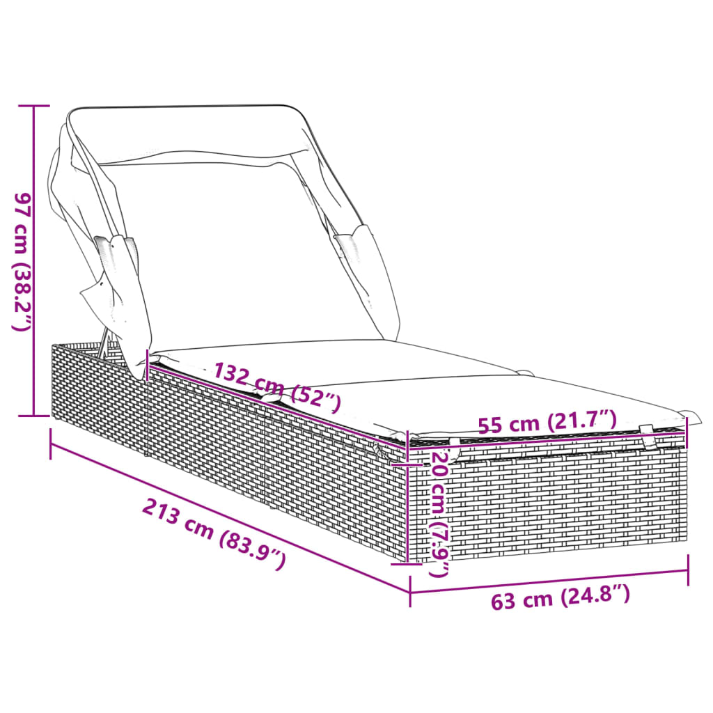 Sun Lounger with Foldable Canopy Black 213 x 63 x 97 cm Poly Rattan