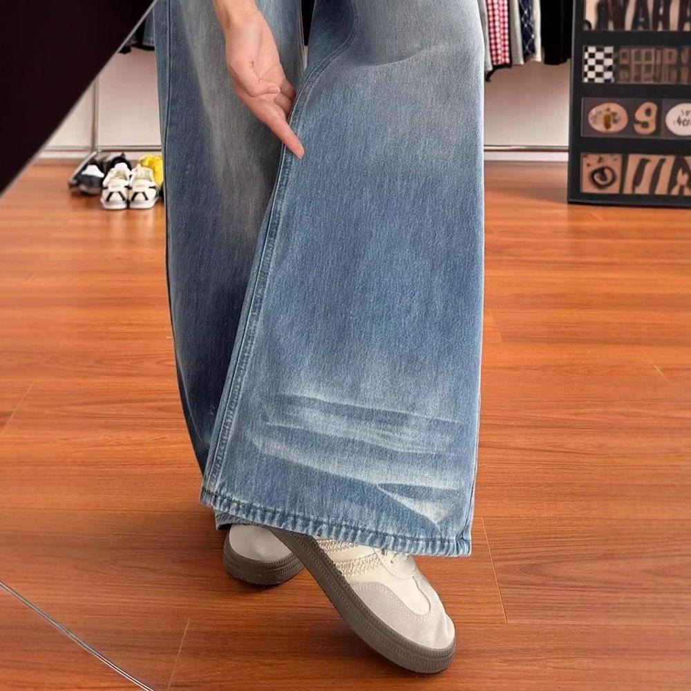 Fashionable Comfortable Distressed High Waist Big Yard Jeans Women Blue Worn Washed Skinny Straight Wide Leg Trousers Jeans for Women Long Denim Pants
