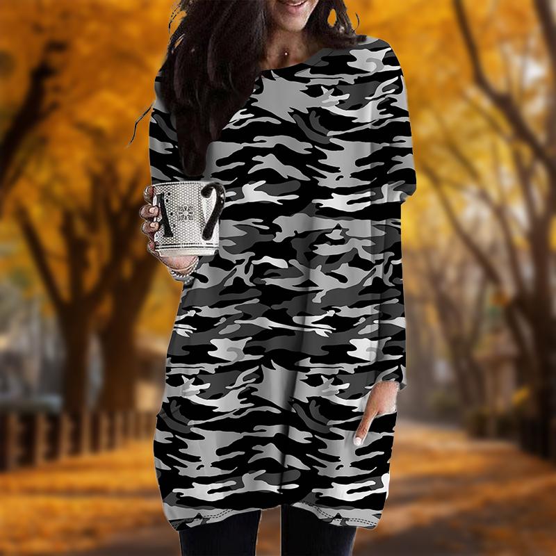 

Осінні новинки з камуфляжним принтом і великими розмірами, жіночі повсякденні сукні з кишеньковими вирізами та довгими рукавами 6XL сірий