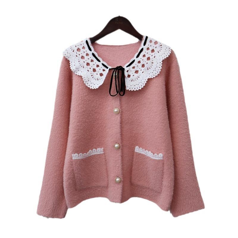 Splicing lace imitation mink fleece sweater jacket for women's autumn and winter new sweet age-reducing knitted cardigan for women