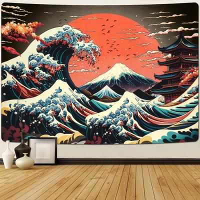 Japanese Wave and Mount Fuji Wall Tapestry Red Sun and Traditional Temple Design Boho Home Decor Art Print Room Decoration