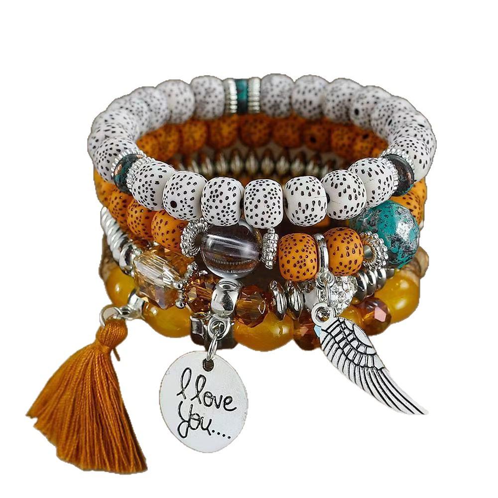 Bohemian Beaded Bracelet Set with Wing Pendant and Tassels